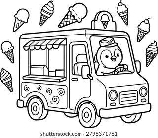Adorable penguin operating mobile dessert shop, coloring sheet for children, cartoon vehicle with sweet ice cream.