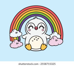 Adorable Penguin with Rainbow and Clouds – Colorful Cartoon Illustration