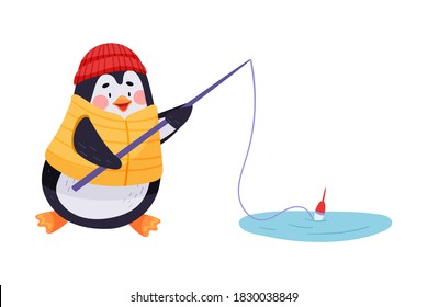 Adorable Penguin with Red Cheeks Fishing in Water Hole Vector Illustration