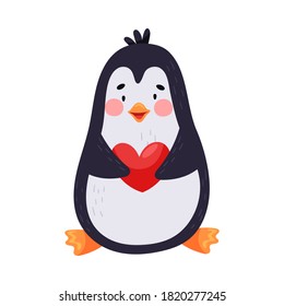 Adorable Penguin with Red Cheeks Holding Heart Vector Illustration