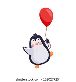 Adorable Penguin with Red Cheeks Holding Balloon Vector Illustration