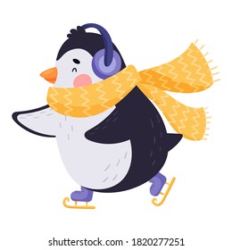 Adorable Penguin with Red Cheeks in Scarf Figure Skating Vector Illustration
