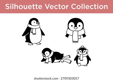 Adorable colección de Vector de silueta de pingüino con varias poses con bufandas y orejeras, perfecto para diseños de invierno y proyectos de vacaciones.