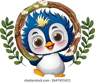 Adorable penguin surrounded by a decorative wreath