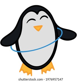 Adorable penguin twisting blue hula hoop. The image of a penguin isolated on a white background. Vector illustration.