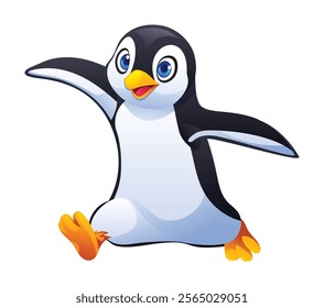 Adorable penguin walking with arms wide open. Vector cartoon character illustration