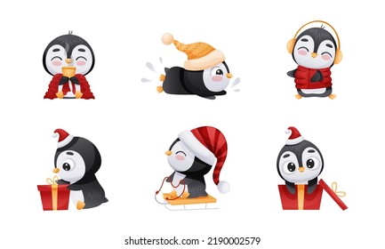 Adorable Penguin in Warm Winter Hat Engaged in Different Activity Vector Set