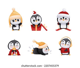 Adorable Penguin in Warm Winter Hat Engaged in Different Activity Vector Set