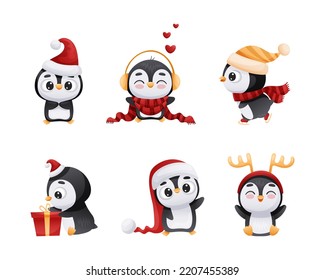 Adorable Penguin in Warm Winter Hat and Scarf Engaged in Different Activity Vector Set
