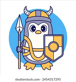 Adorable penguin with warrior costume holding shield and spear. flat color