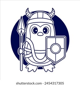Adorable penguin with warrior costume holding shield and spear. outline art