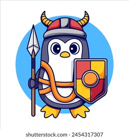 Adorable penguin with warrior costume holding shield and spear. colorful