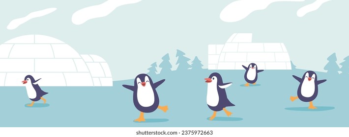 Adorable Penguins Frolic Near Their Cozy Igloo, Creating A Heartwarming Winter Scene. Nature Playfulness On Display