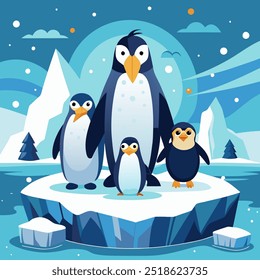 Adorable penguins huddle together on a frosty iceberg, a perfect illustration for winter holidays, children's books, or any project needing a touch of arctic charm.