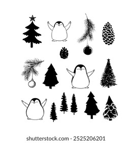 Adorable penguins in playful poses, sketched in a clean, minimal black and white outline style. Cute penguins illustration in black and white outline with playful poses