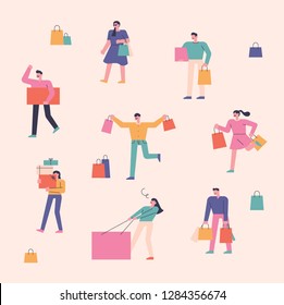 Adorable people holding shopping bags concept illustration. Set of small people in a linear form. flat design vector graphic style