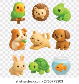 Adorable Pet Animal Vector Icon Set | 3D icon set | a parrot on a perch, a cute hedgehog, a green iguana, a guinea pig with a carrot, a stretching cat, a friendly puppy dog, a sweet bunny rabbit, a green turtle, and a goldfish in a bowl