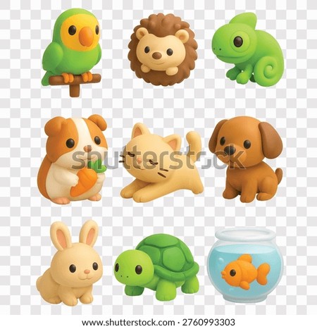 Adorable Pet Animal Vector Icon Set | 3D icon set | a parrot on a perch, a cute hedgehog, a green iguana, a guinea pig with a carrot, a stretching cat, a friendly puppy dog, a sweet bunny rabbit, a green turtle, and a goldfish in a bowl