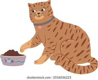 Adorable pet cat with a collar and heart pendant enjoying mealtime, reaching its paw towards a bowl filled with food, showcasing love and care for feline companions