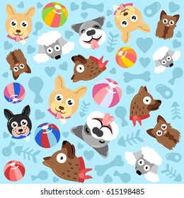 Adorable pet pattern with dogs heads in different breed like chihuahua, german shepherd, labrador, poodle, yorkshire and bulldog. Fun happy puppies for children and kids graphics. Sky blue background.