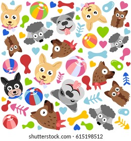 Adorable pet pattern with dogs heads-chihuahua, german shepherd, poodle, yorkshire and bulldog. Fun happy puppies for children and kids graphics. White background with bones,meats,fishes and balloons.