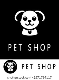 Adorable pet shop logo design featuring a smiling dog icon with a food bowl below, simple black and white theme