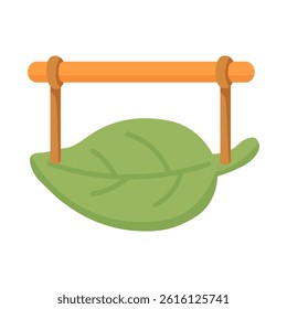 Adorable pet swing made from a green leaf. Flat cartoon vector clipart, isolated on white background.