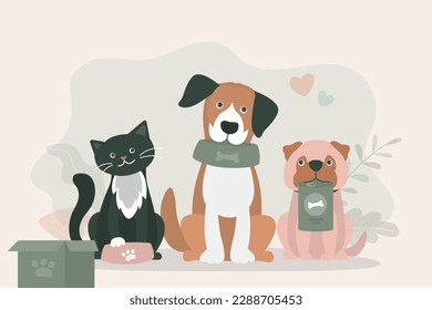 Adorable pets holding empty bowls. Volunteering and assistance to animals. Food donation for pets. Feed for homeless dogs and cats. Nutrition in big package. Flat vector illustration