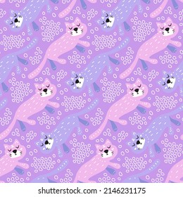 Adorable pets. Pink cats for a girly pattern. Childish seamless print with cute sleeping domestic animals for pretty fabrics, infant textile, baby bedding fabric. Favorite kitty for wallpaper nursery.