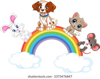 Adorable pets sitting on a rainbow in the sky