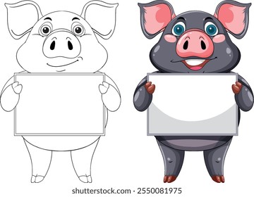 Personaje de cerdo adorable con un signo en blanco