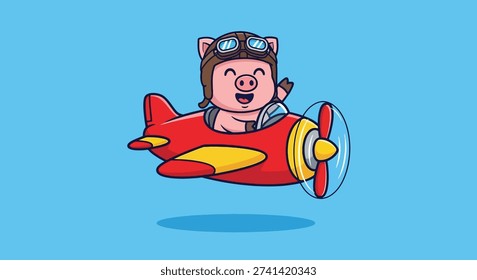 Adorable pig character wearing a pilot hat and goggles, happily flying a red biplane in a clear blue sky, cartoon style.