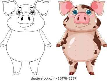 Adorable pig with color and outline versions