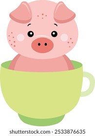 Porco adorável dentro de uma xícara verde
