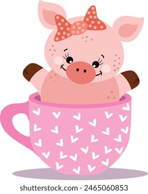 Adorable cerdo en taza rosa