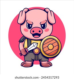 Adorable pig with warrior costume holding shield and sword. full color