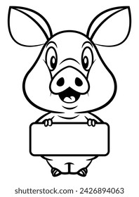 Adorable Piglet cartoon characters carrying a signboard. Best for outline, logo, and coloring book with farm themes for kids