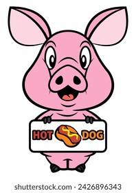 Adorable Piglet cartoon characters carrying a signboard with hotdog logo. Best for sticker, logo, and mascot with street food culinary business themes