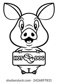 Adorable Piglet cartoon characters carrying a signboard with hotdog logo. Best for outline, logo, and coloring book with street food culinary business themes