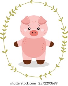 
Adorable Piglet in Green Leaf Frame