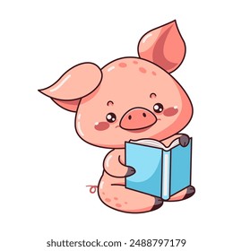 Adorable piglet reading illustration on white background. Kawaii style and flat color vector elements create heartwarming image for learning