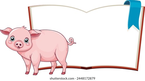 Adorable piglet standing beside a blank book