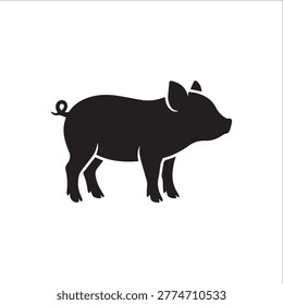 Adorable piglet standing in side profile black silhouette vector illustration on pristine white background