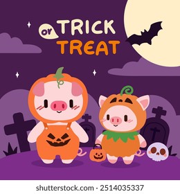 Adorable Piglets in Pumpkin Costumes for Halloween. Cute Halloween Pigs Dressed as Pumpkins in Graveyard. Trick or Treat Piglets in Pumpkin Costumes Under Full Moon.