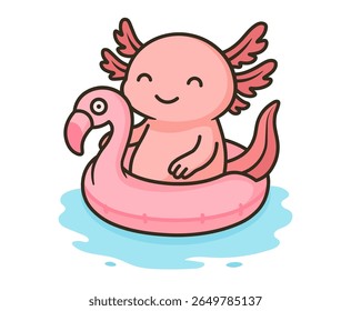 Adorable pink axolotl floating on a pink flamingo inflatable ring in calm water. A fun and cheerful design perfect for creating a relaxed, carefree atmosphere and stress-relief illustrations.