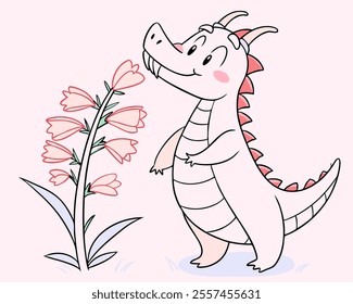 Adorable pink baby dragon illustration, perfect for kids' books, cards, or apparel. Features cute cartoon style and delicate floral details.  High-resolution vector graphic for versatile use.