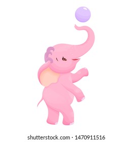 Adorable Pink Baby Elephant Playing With Ball On White Isolated