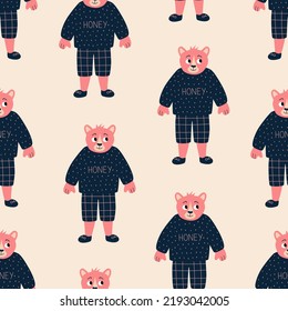 Adorable pink bear in sweatshirt "HONEY" and shorts hand drawn vector illustration. Funny animal character in clothes seamless pattern for children fabric or wallpaper.