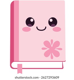 Adorable pink book illustration with smiling face and flower detail, perfect for education, school, or kawaii themes.