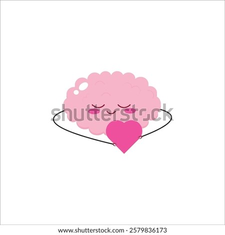 Adorable pink brain character with closed eyes and a smiling face, holding a bright pink heart